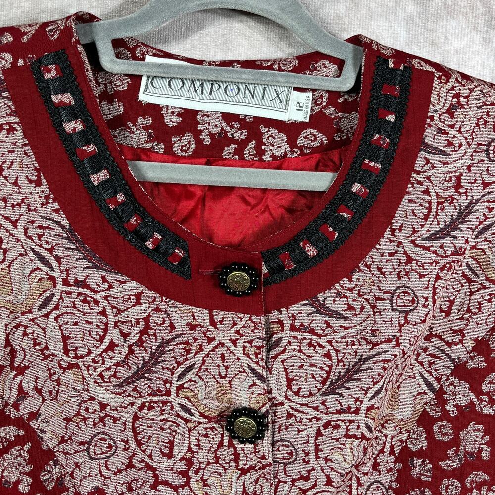 Marsha Brander Componix Tapestry Blazer Jacket Womens 12 Red Floral Jacquard NEW - Picture 2 of 9